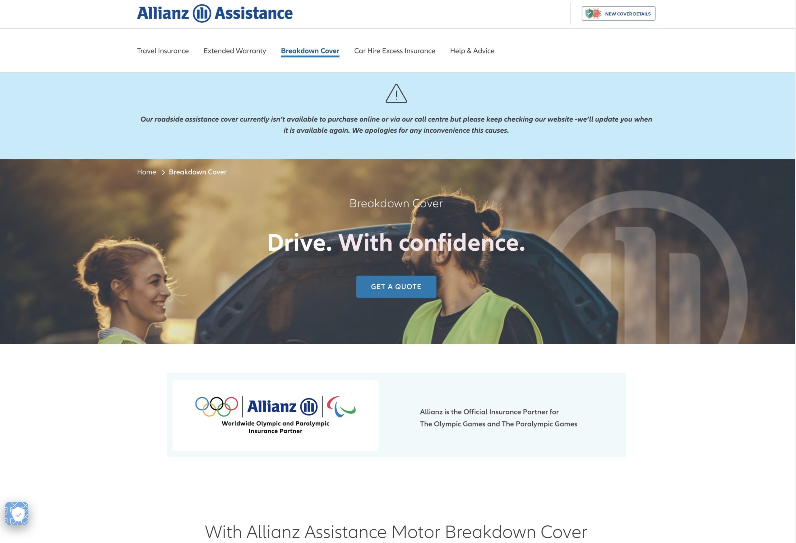 Allianz assistance breakdown cover page